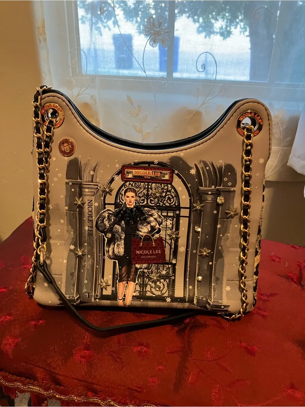 Nicole Lee Gray Illustrated Fashion Tote with Red Accent